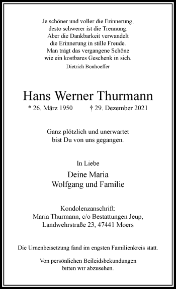 Traueranzeige von Hans Werner Thurmann von Rheinische Post