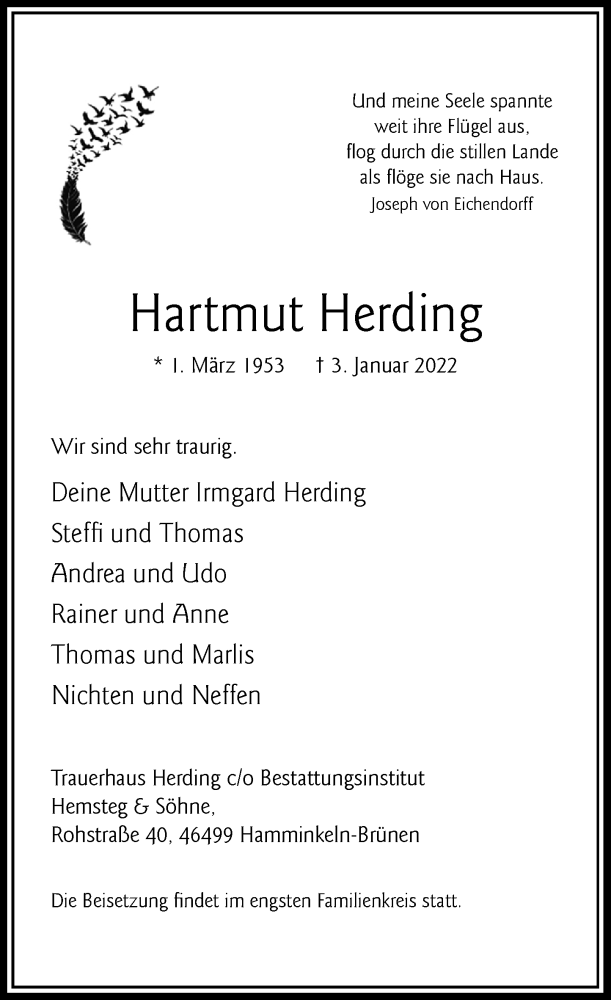  Traueranzeige für Hartmut Herding vom 08.01.2022 aus Rheinische Post