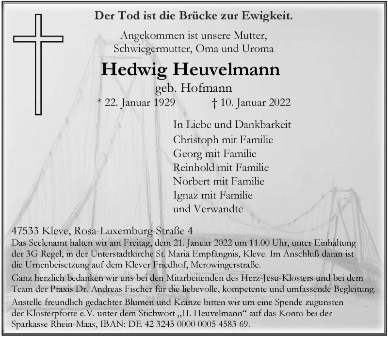  Traueranzeige für Hedwig Heuvelmann vom 15.01.2022 aus Rheinische Post