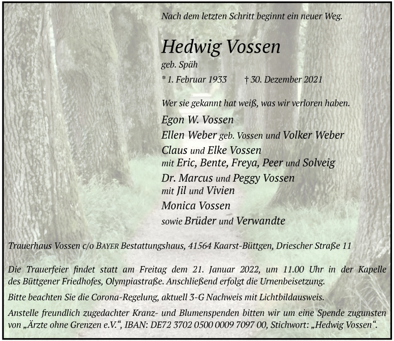  Traueranzeige für Hedwig Vossen vom 08.01.2022 aus Rheinische Post