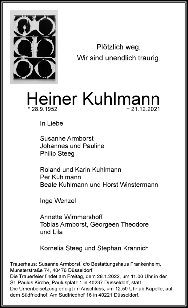  Traueranzeige für Heiner Kuhlmann vom 15.01.2022 aus Rheinische Post