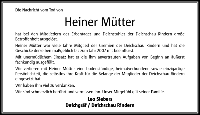  Traueranzeige für Heiner Mütter vom 15.01.2022 aus Rheinische Post