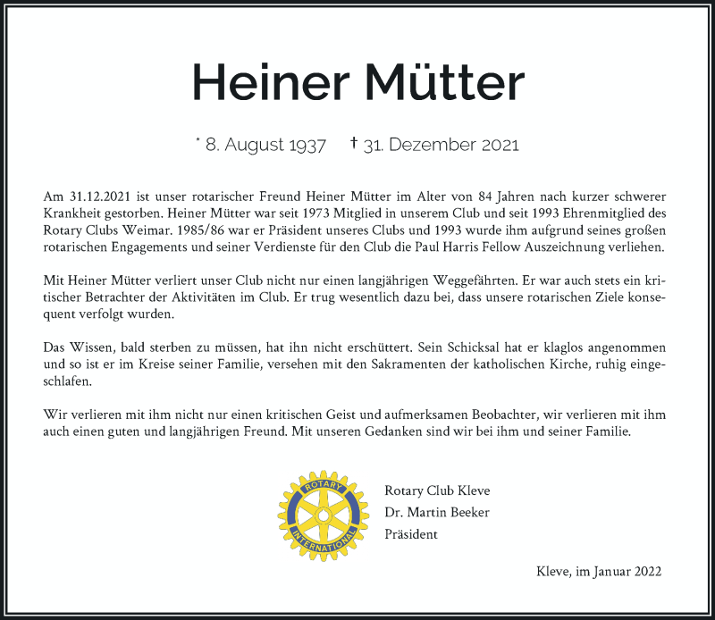  Traueranzeige für Heiner Mütter vom 08.01.2022 aus Rheinische Post