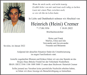 Traueranzeige von Heinrich Cremer von Rheinische Post