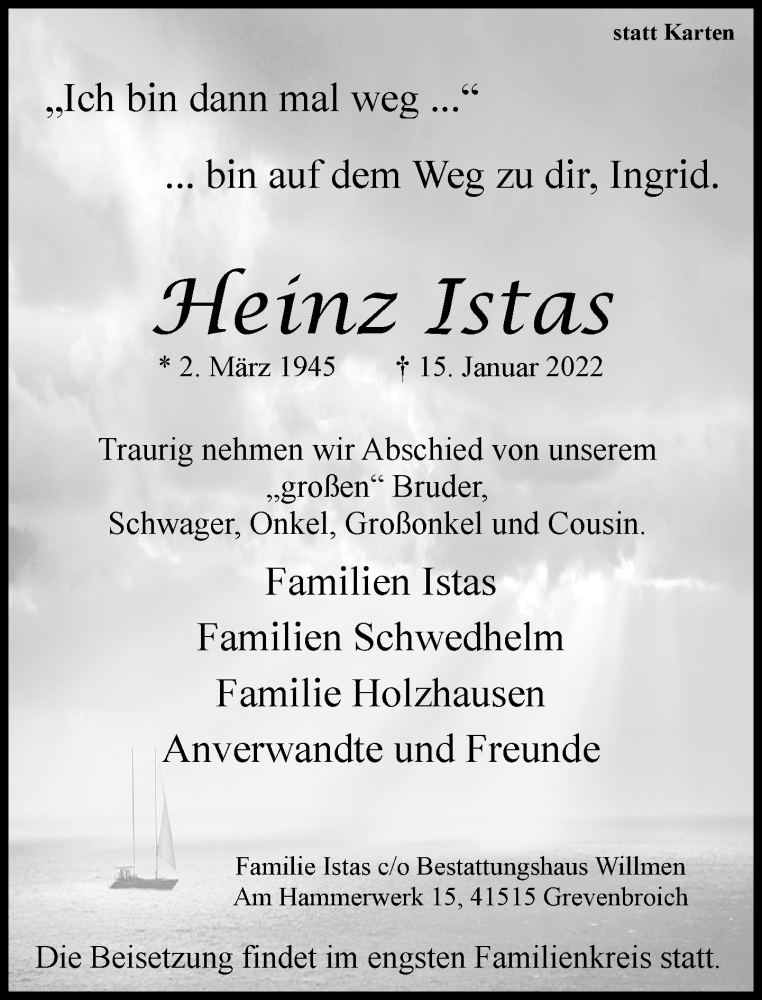  Traueranzeige für Heinz Istas vom 22.01.2022 aus Rheinische Post