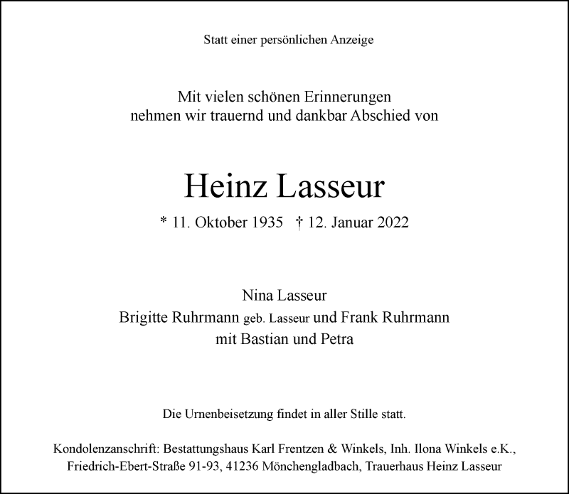  Traueranzeige für Heinz Lasseur vom 15.01.2022 aus Rheinische Post
