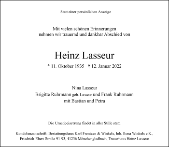 Traueranzeige von Heinz Lasseur von Rheinische Post