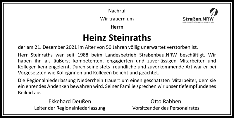  Traueranzeige für Heinz Steinraths vom 27.01.2022 aus Rheinische Post