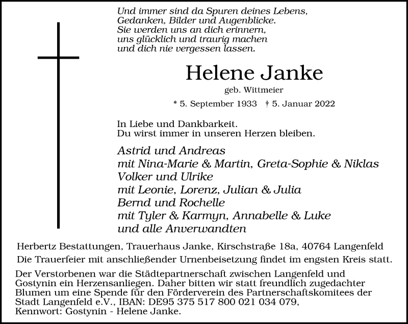  Traueranzeige für Helene Janke vom 15.01.2022 aus Rheinische Post