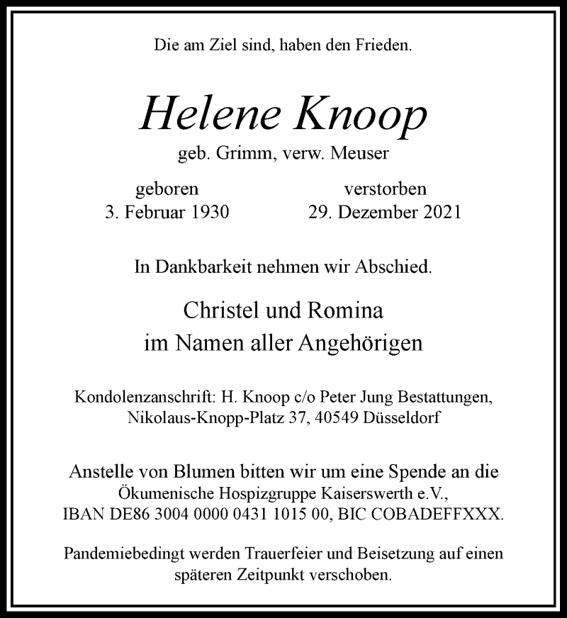  Traueranzeige für Helene Knoop vom 15.01.2022 aus Rheinische Post