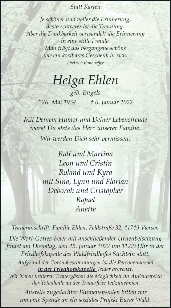  Traueranzeige für Helga Ehlen vom 22.01.2022 aus Rheinische Post