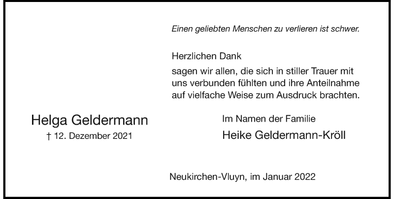  Traueranzeige für Helga Geldermann vom 22.01.2022 aus Rheinische Post