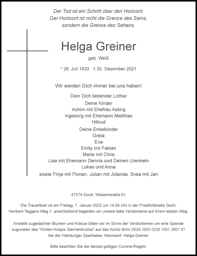  Traueranzeige für Helga Greiner vom 05.01.2022 aus Rheinische Post