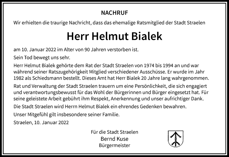  Traueranzeige für Helmut Bialek vom 13.01.2022 aus Rheinische Post