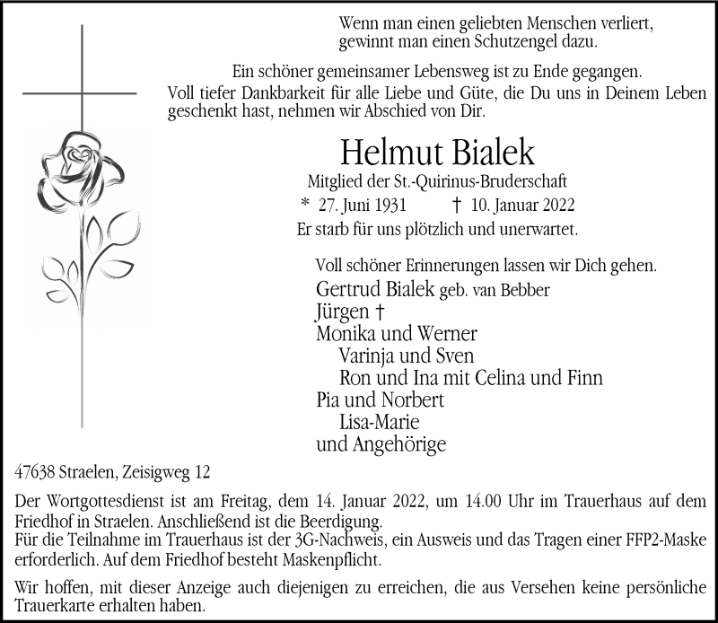  Traueranzeige für Helmut Bialek vom 12.01.2022 aus Rheinische Post