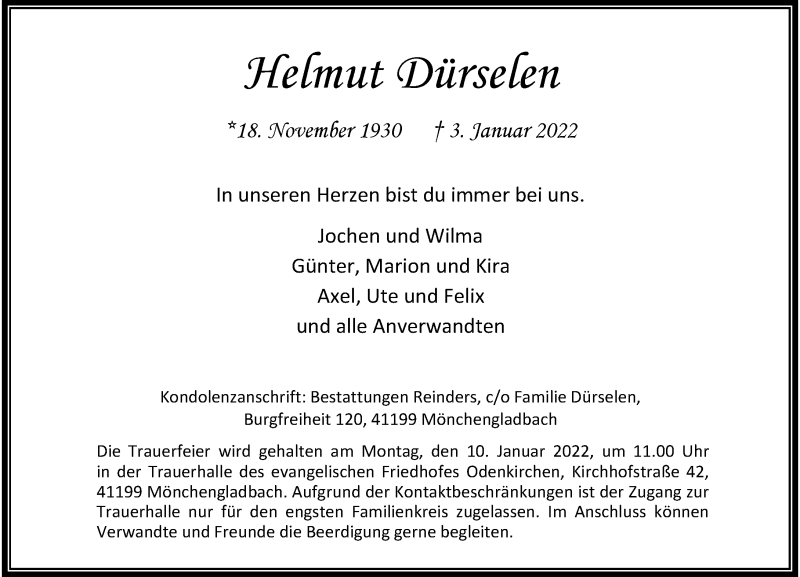  Traueranzeige für Helmut Dürselen vom 08.01.2022 aus Rheinische Post
