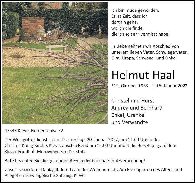  Traueranzeige für Helmut Haal vom 18.01.2022 aus Rheinische Post