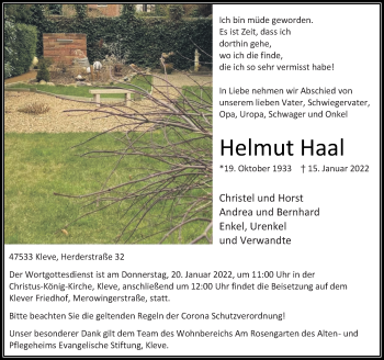 Traueranzeige von Helmut Haal von Rheinische Post