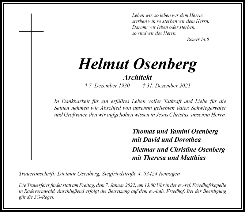  Traueranzeige für Helmut Osenberg vom 04.01.2022 aus Rheinische Post