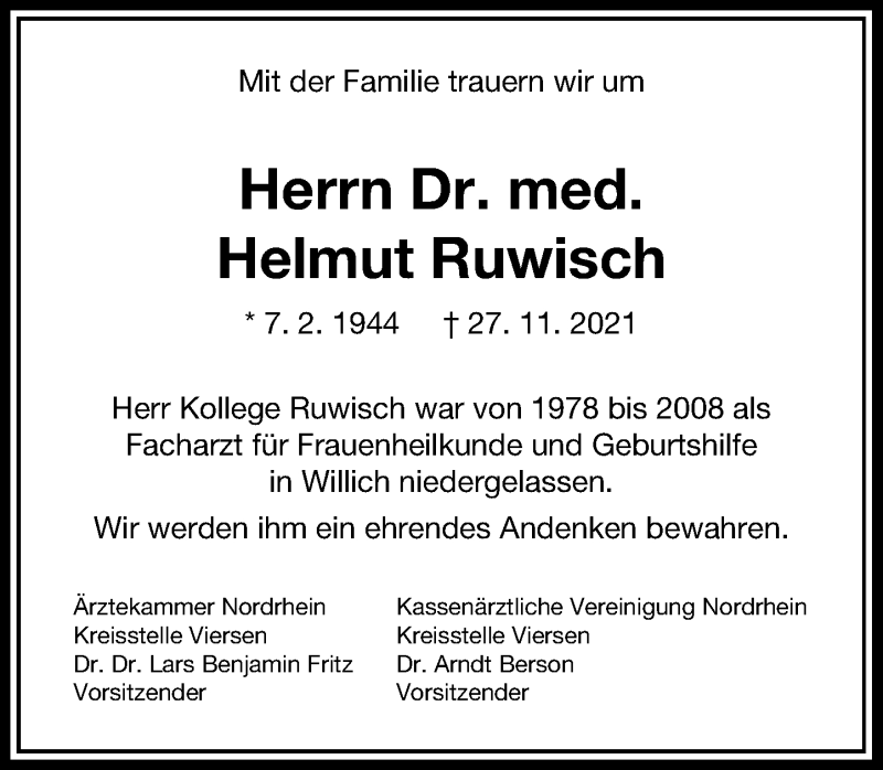  Traueranzeige für Helmut Ruwisch vom 12.01.2022 aus Rheinische Post