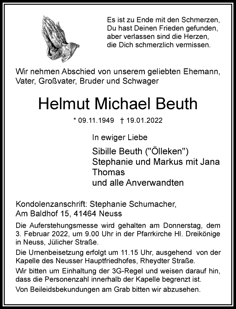  Traueranzeige für Helmut Michael Beuth vom 29.01.2022 aus Rheinische Post