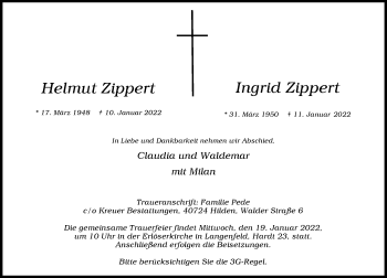Traueranzeige von Helmut und Ingrid Zippert von Rheinische Post