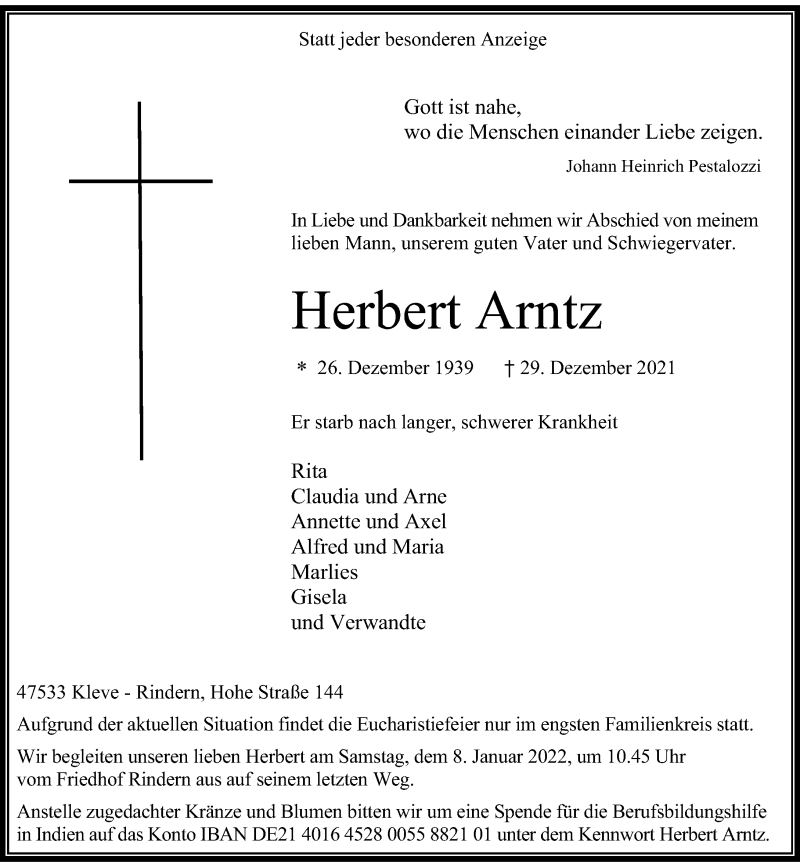  Traueranzeige für Herbert Arntz vom 05.01.2022 aus Rheinische Post