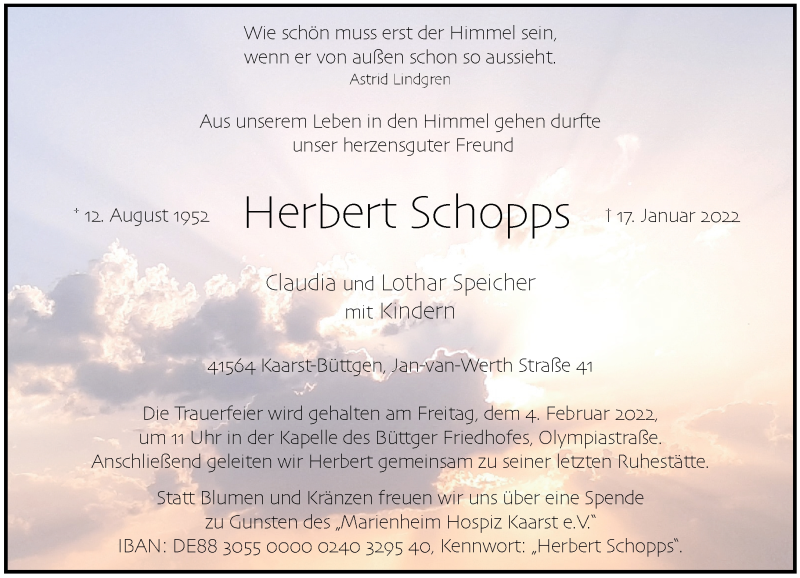  Traueranzeige für Herbert Schopps vom 22.01.2022 aus Rheinische Post