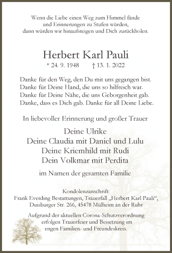 Traueranzeige von Herbert Karl Pauli von Rheinische Post