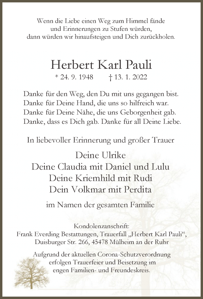  Traueranzeige für Herbert Karl Pauli vom 20.01.2022 aus Rheinische Post