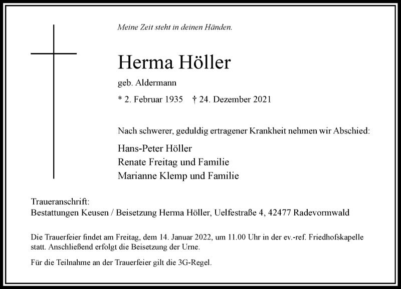  Traueranzeige für Herma Höller vom 03.01.2022 aus Rheinische Post