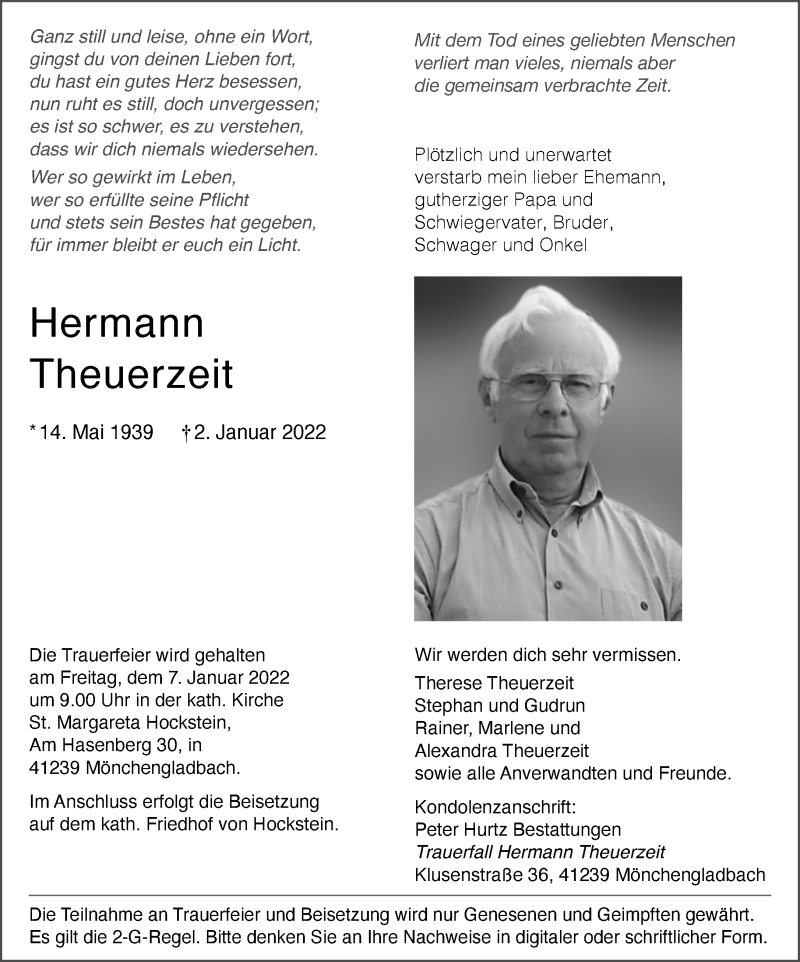  Traueranzeige für Hermann Theuerzeit vom 05.01.2022 aus Rheinische Post