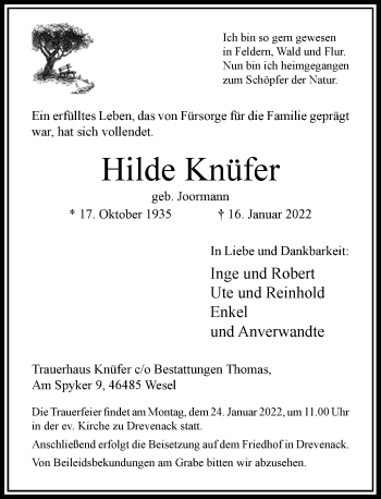 Traueranzeige von Hilde Knüfer von Rheinische Post