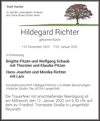 Traueranzeige von Hildegard Richter von Rheinische Post