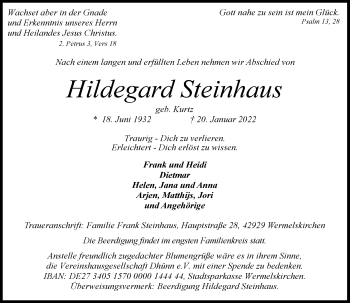 Traueranzeige von Hildegard Steinhaus von Rheinische Post