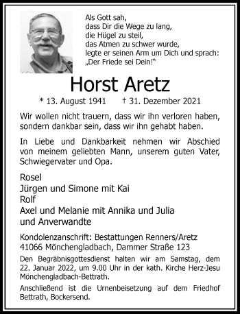 Traueranzeige von Horst Aretz von Rheinische Post