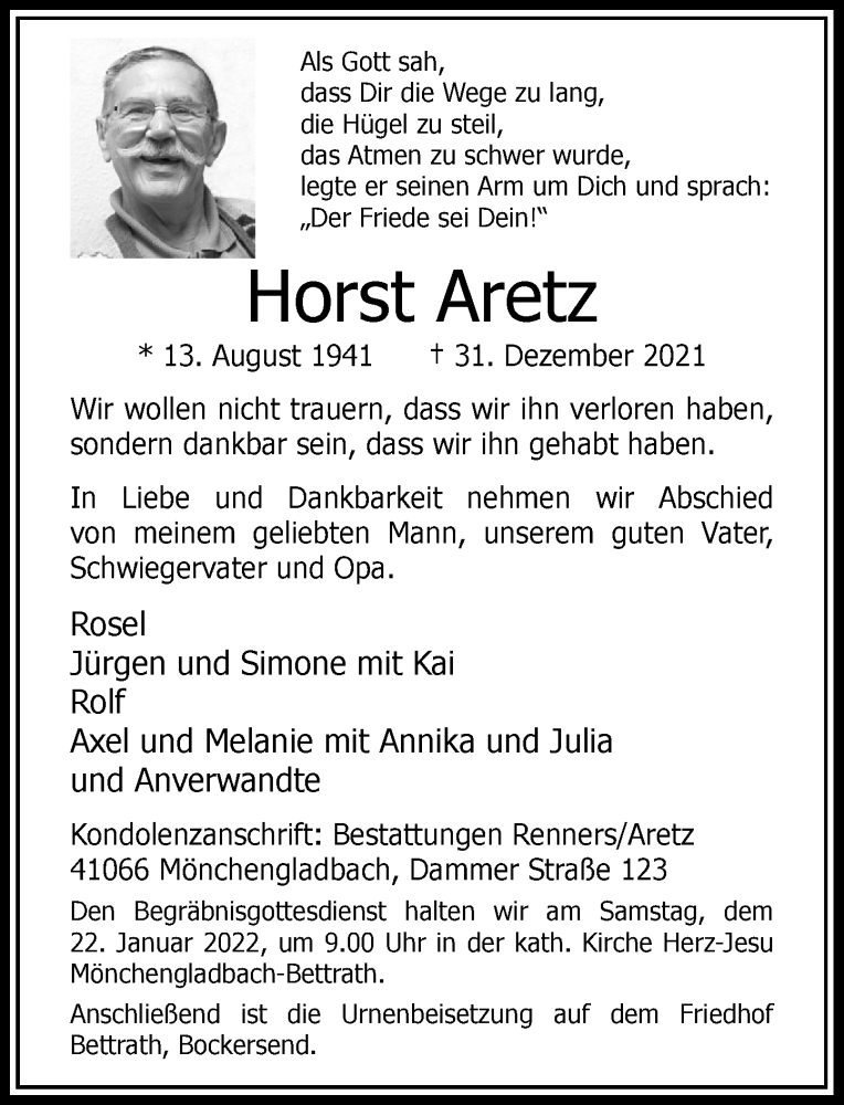  Traueranzeige für Horst Aretz vom 15.01.2022 aus Rheinische Post