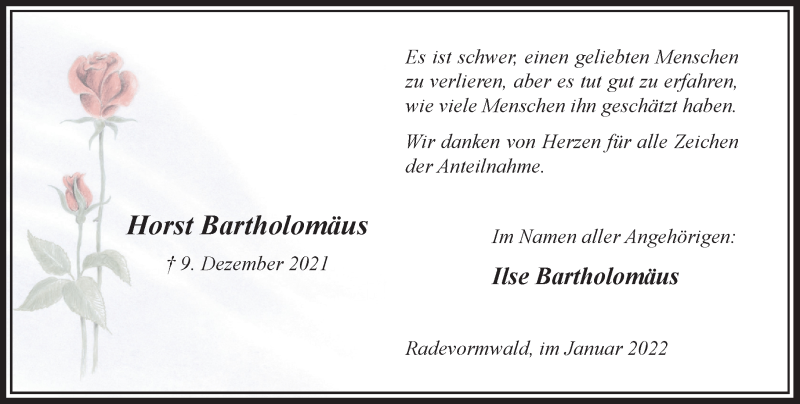  Traueranzeige für Horst Bartholomäus vom 22.01.2022 aus Rheinische Post