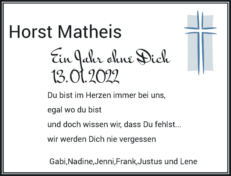  Traueranzeige für Horst Matheis vom 13.01.2022 aus Rheinische Post