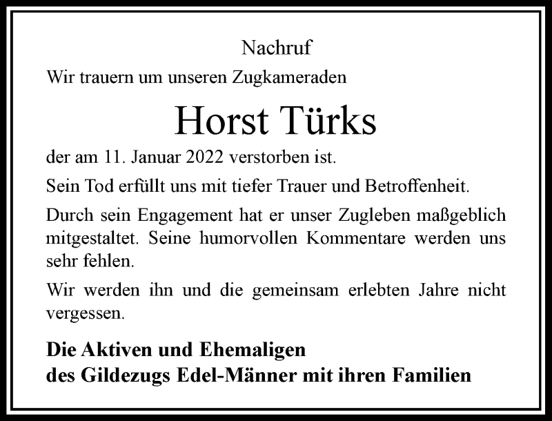  Traueranzeige für Horst Türks vom 22.01.2022 aus Rheinische Post