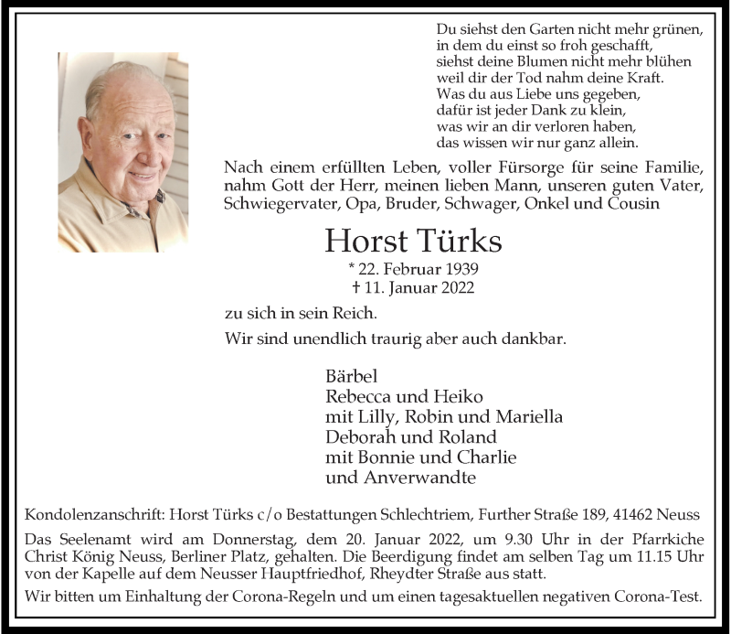  Traueranzeige für Horst Türks vom 15.01.2022 aus Rheinische Post
