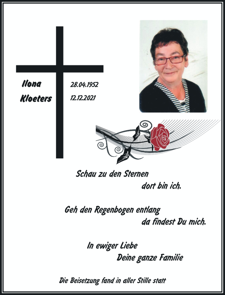  Traueranzeige für Ilona Kloeters vom 08.01.2022 aus Rheinische Post
