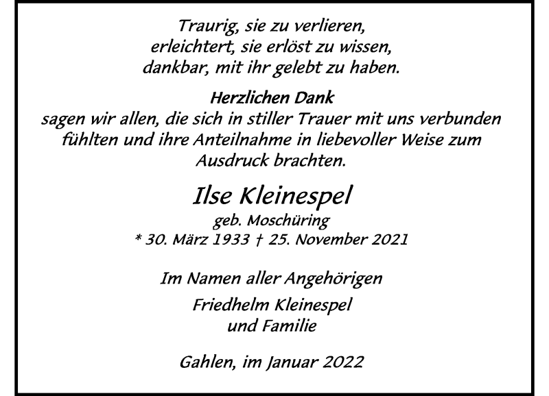  Traueranzeige für Ilse Kleinespel vom 22.01.2022 aus Rheinische Post