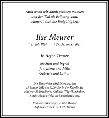 Traueranzeige von Ilse Meurer von Rheinische Post