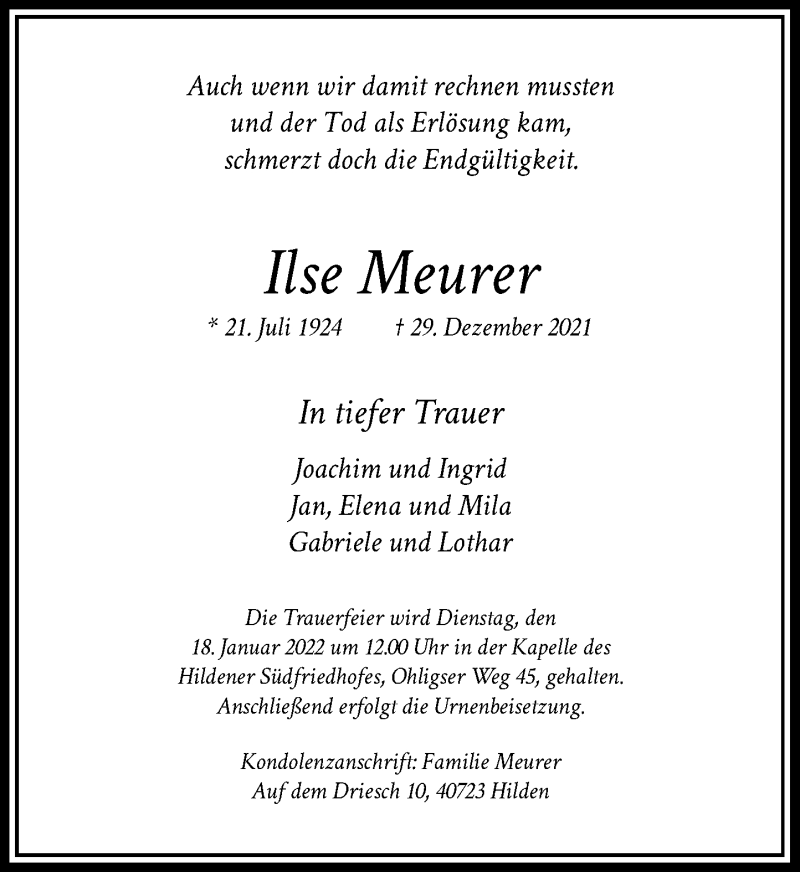  Traueranzeige für Ilse Meurer vom 15.01.2022 aus Rheinische Post