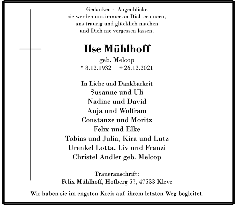  Traueranzeige für Ilse Mühlhoff vom 08.01.2022 aus Rheinische Post