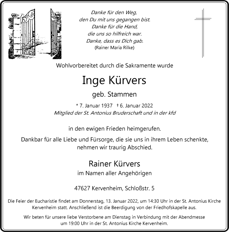  Traueranzeige für Inge Kürvers vom 08.01.2022 aus Rheinische Post