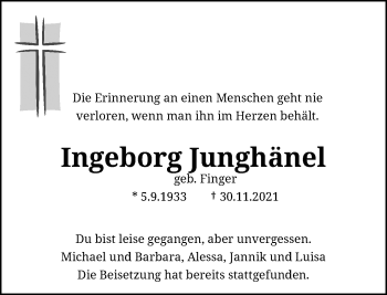 Traueranzeige von Ingeborg Junghänel von Rheinische Post