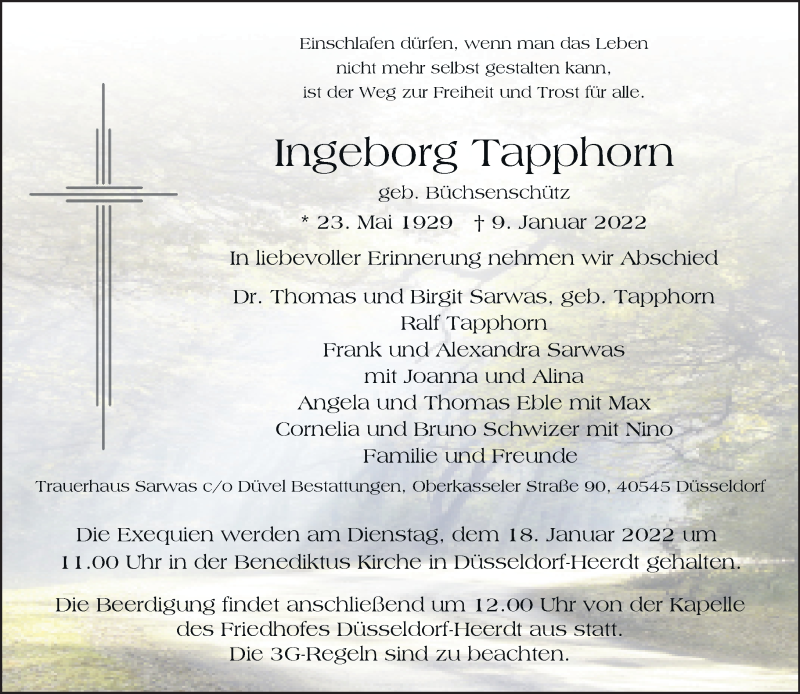  Traueranzeige für Ingeborg Tapphorn vom 12.01.2022 aus Rheinische Post
