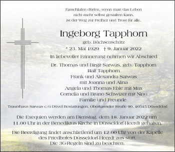Traueranzeige von Ingeborg Tapphorn von Rheinische Post